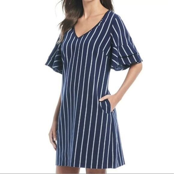 Tommy Bahama Striped Shift Dress Size Medium Blue Striped Coastal Beach READ - Picture 1 of 10